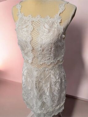 TopShop Ivory Lace Dress Sleeveless Strappy Lined Mesh Panel Inset Size 8